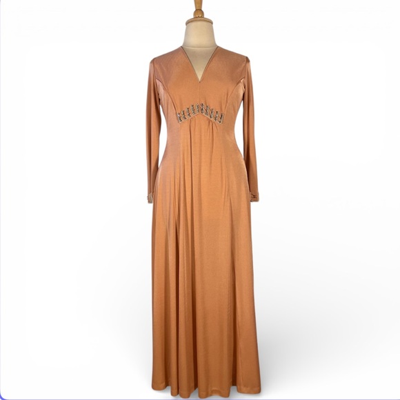 Vintage Dresses & Skirts - Vintage 70s V-Neck Dress Women’s XL Beaded Long Sleeve‎ Maxi Hippie Glam